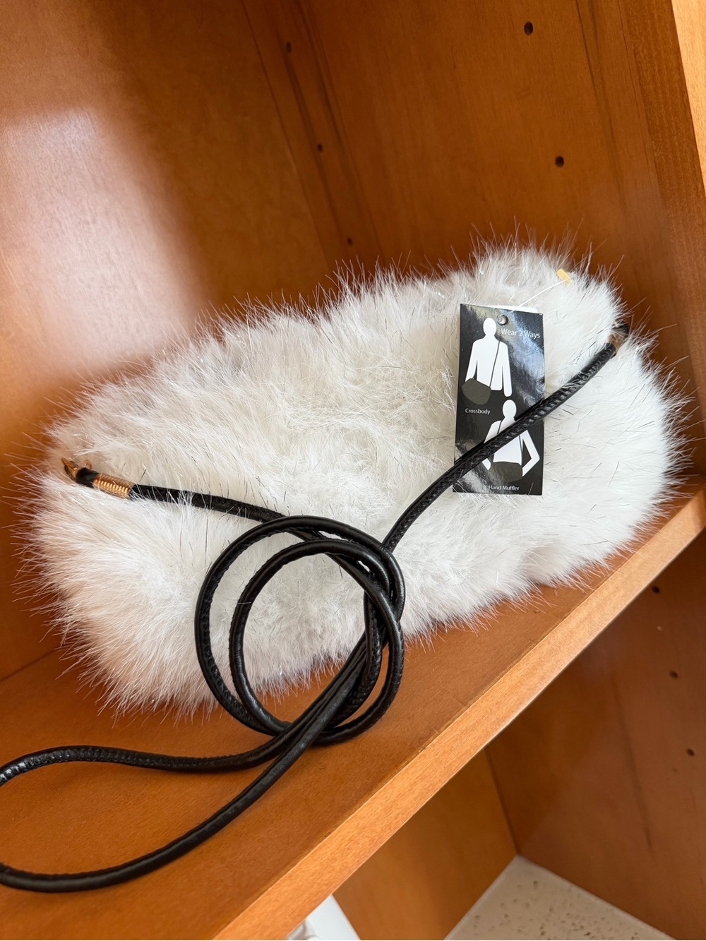 Fall / winter White Faux Fur Crossbody Bag with Black Strap